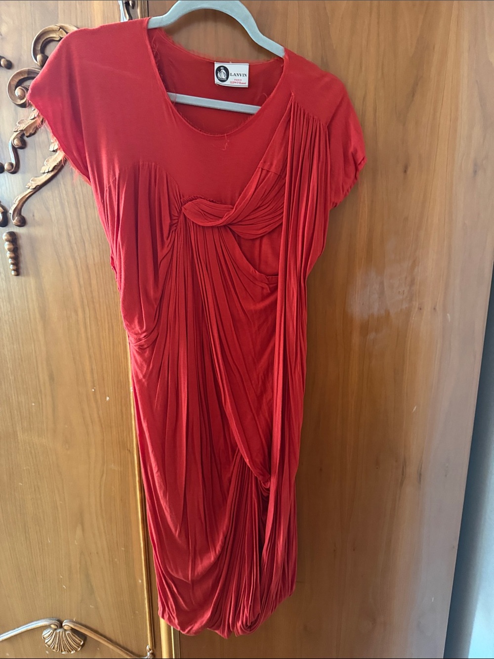 Lanvin Red Draped Knot-Front Midi Dress